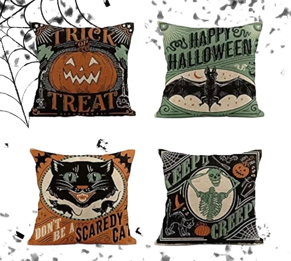 4 Retro Style Halloween Linen Pillow Covers 18x18 Cat Pumpkin Skeleton Bat Decor
